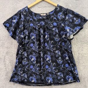 Coral Bay Women's Top Size 1X Black Blue Floral Flutter Short Sleeve Lined